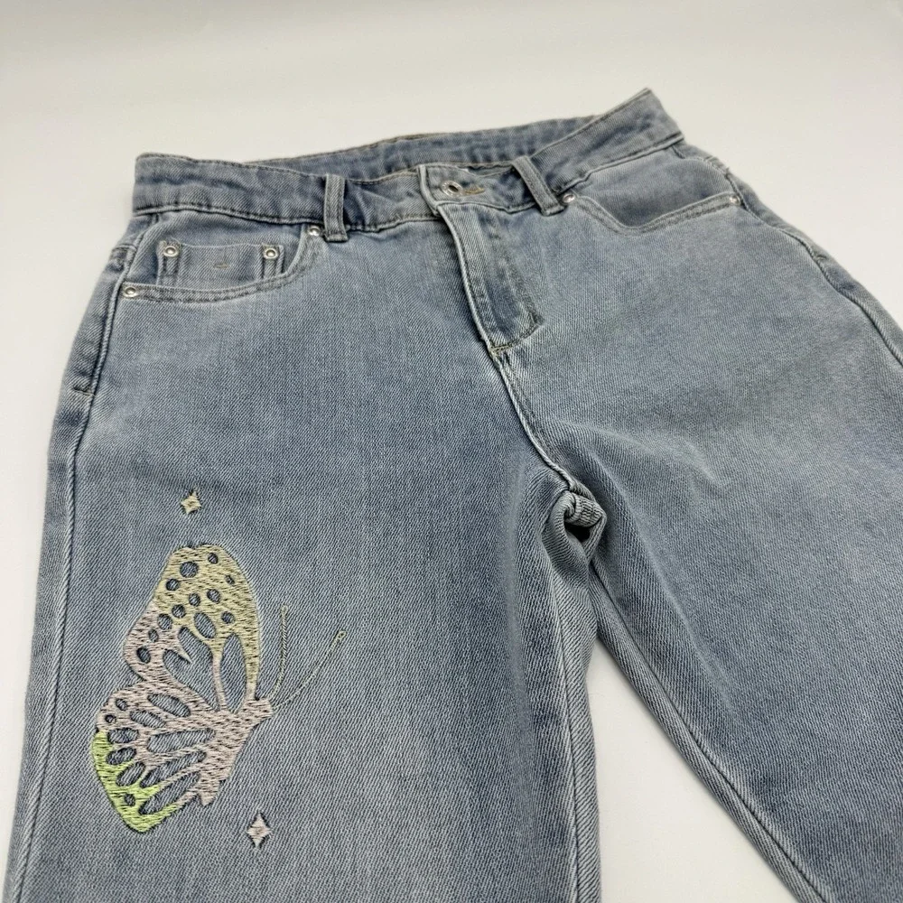 Girls Denim Pants Butterfly Embroidered Size 10 Cuffed Straight Leg Light‎ Wash